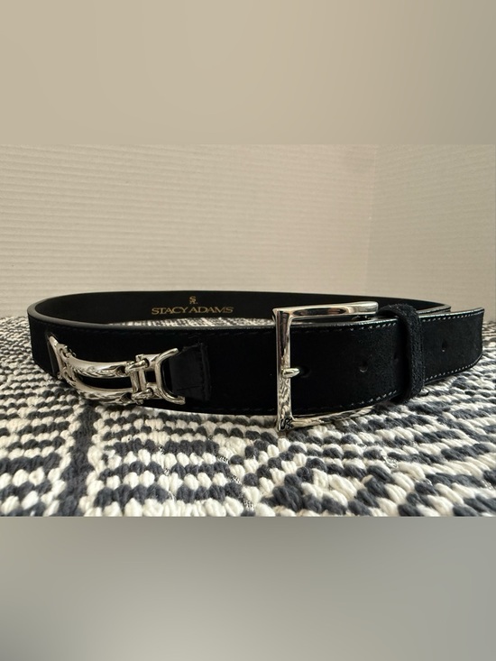 STACY ADAMS Black Grain Leather Belt with Silver Buckle Chain Accent main image 10
